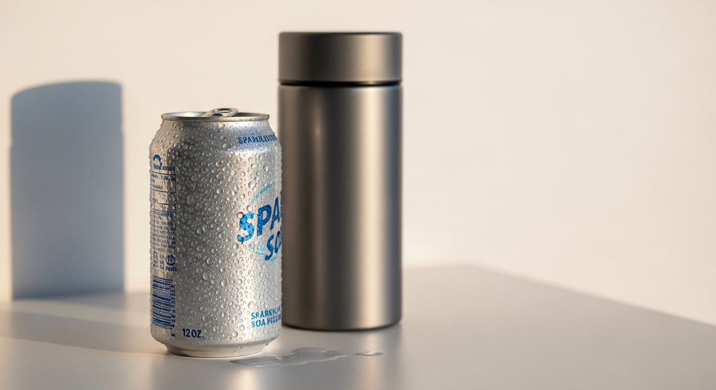 Lon soda lạnh đọng sương cạnh bình giữ nhiệt kim loại xước trên bàn trắng, gợi nhắc về loại nước không nên đựng trong bình giữ nhiệt.