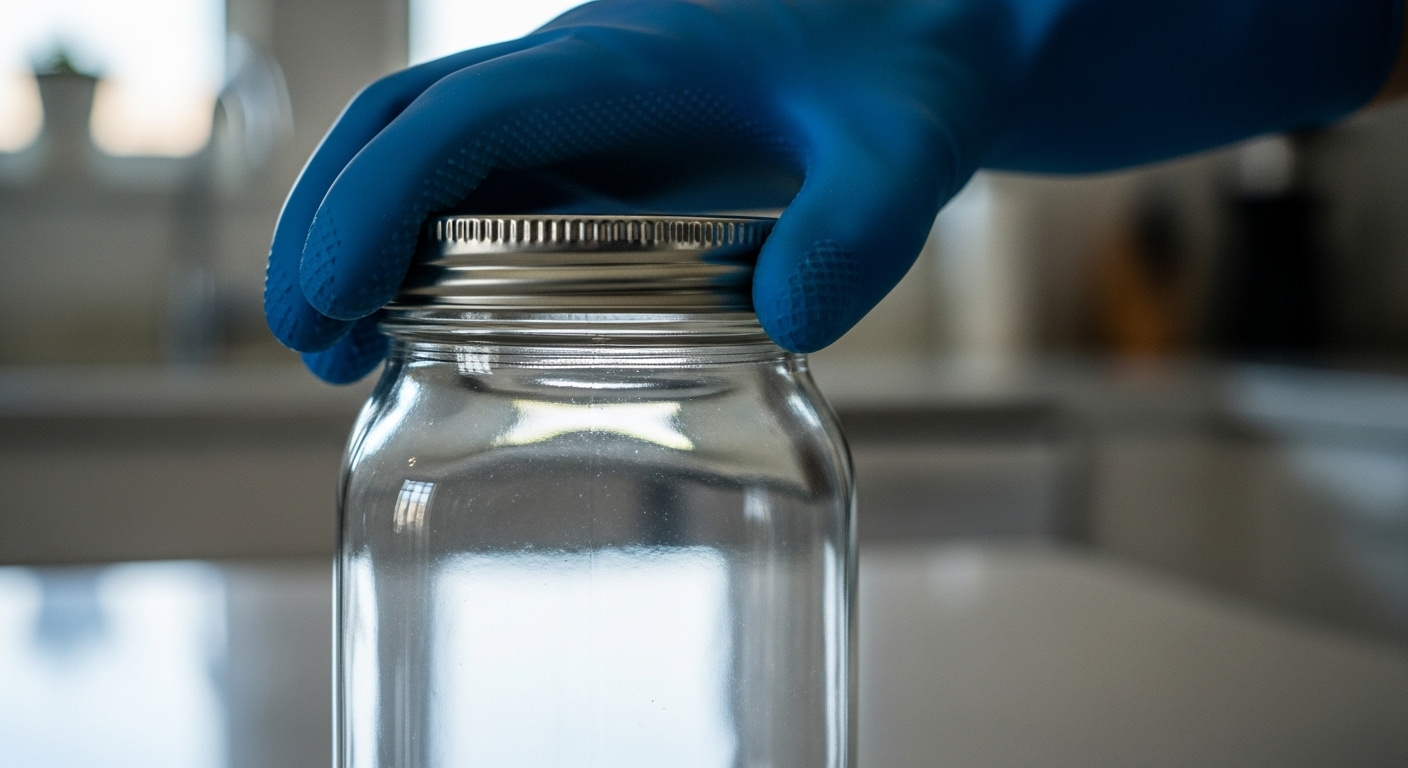 Bàn tay đeo găng cao su xanh sần sùi nắm chặt nắp kim loại lọ thủy tinh trên đảo bếp, minh họa mẹo mở lọ dễ dàng và hiệu quả.
