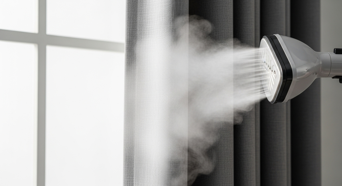 Đầu phun hơi nước nóng từ máy vệ sinh bằng hơi nước nóng đang làm phẳng, làm tươi mới rèm vải treo bị nhăn, cho kết quả mịn màng và sống động.