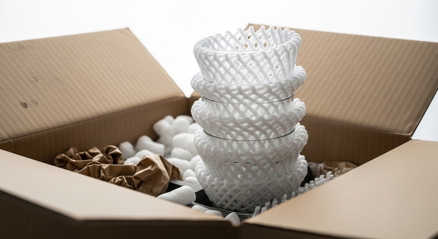 Ly thủy tinh mỏng manh được bọc cẩn thận bằng lưới bọc hoa quả mềm màu trắng, minh họa công dụng của lưới bọc hoa quả trong việc bảo vệ đồ dễ vỡ khi đóng gói trong thùng carton.