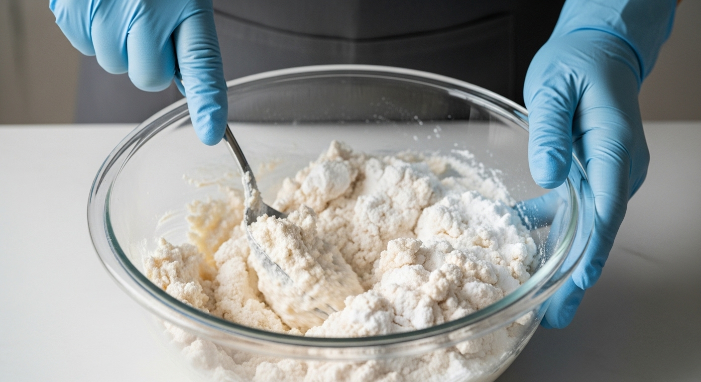 Cận cảnh tay đeo găng trộn baking soda và mẻ trong bát thủy tinh, nguyên liệu tự nhiên để tẩy trắng xoong nồi bằng mẻ hiệu quả.