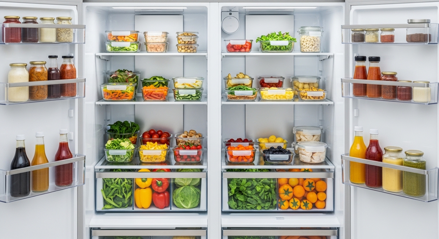 Tủ lạnh mở, cực kỳ sạch sẽ và ngăn nắp với thực phẩm tươi sống, cho thấy sự tươi mới và hiệu quả bảo quản. Nhiều người cũng quan tâm tìm hiểu về tác dụng của việc đặt khẩu trang vào tủ lạnh để tối ưu hóa sự sảng khoái và bảo quản.