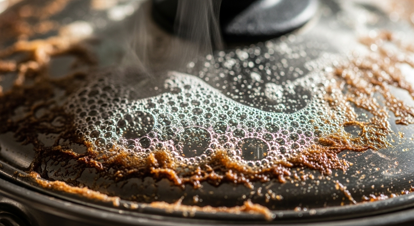 Cận cảnh phản ứng của nước rửa chén và hơi nước đang làm sạch vung nồi bị bám cặn bẩn. Bọt xà phòng li ti và lớp cặn mềm hóa bắt đầu bong tróc khỏi vành kim loại.