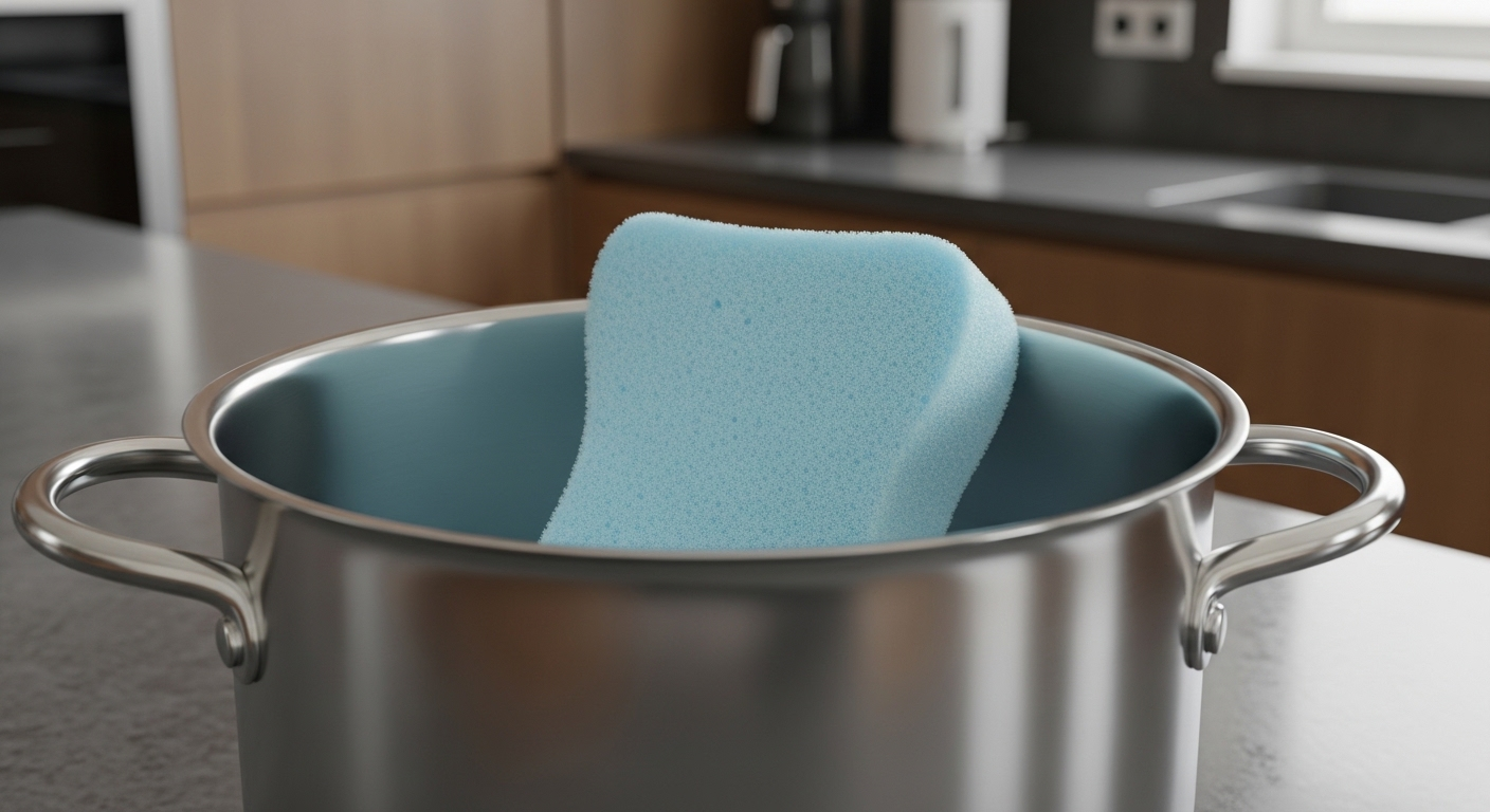 Nồi inox sáng bóng và miếng bọt biển xanh nhạt, sẵn sàng vệ sinh đúng cách, giúp bạn tránh Những sai lầm làm hỏng nồi inox.