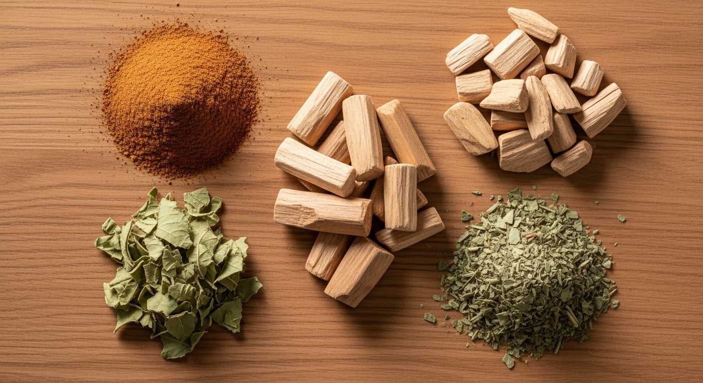 bột quế, gỗ đàn hương và lá thảo mộc khô trên nền gỗ sáng.