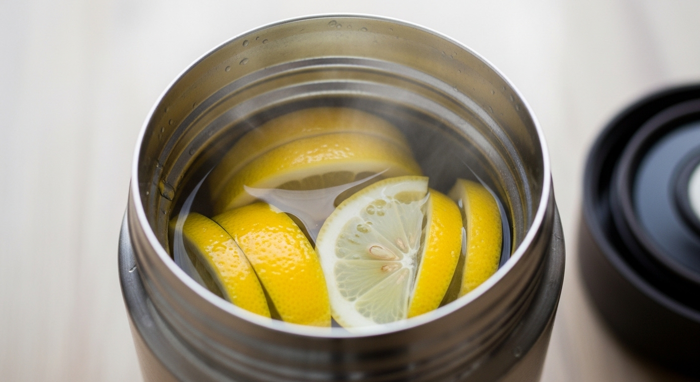 Đổ hỗn hợp giấm trắng và nước vào bình giữ nhiệt kim loại trên quầy bếp sạch.