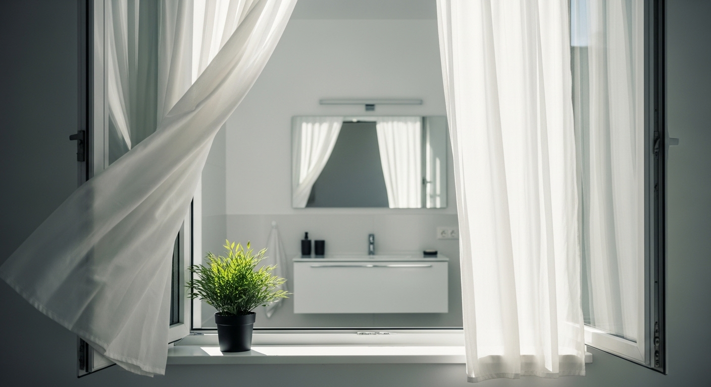 Phòng tắm hiện đại, sạch sẽ với cửa sổ mở, rèm trắng bay nhẹ đón nắng và không khí trong lành. Không gian thoáng đãng lý tưởng cho việc vệ sinh nhà tắm và thư giãn, điểm xuyết cây xanh tươi mát.