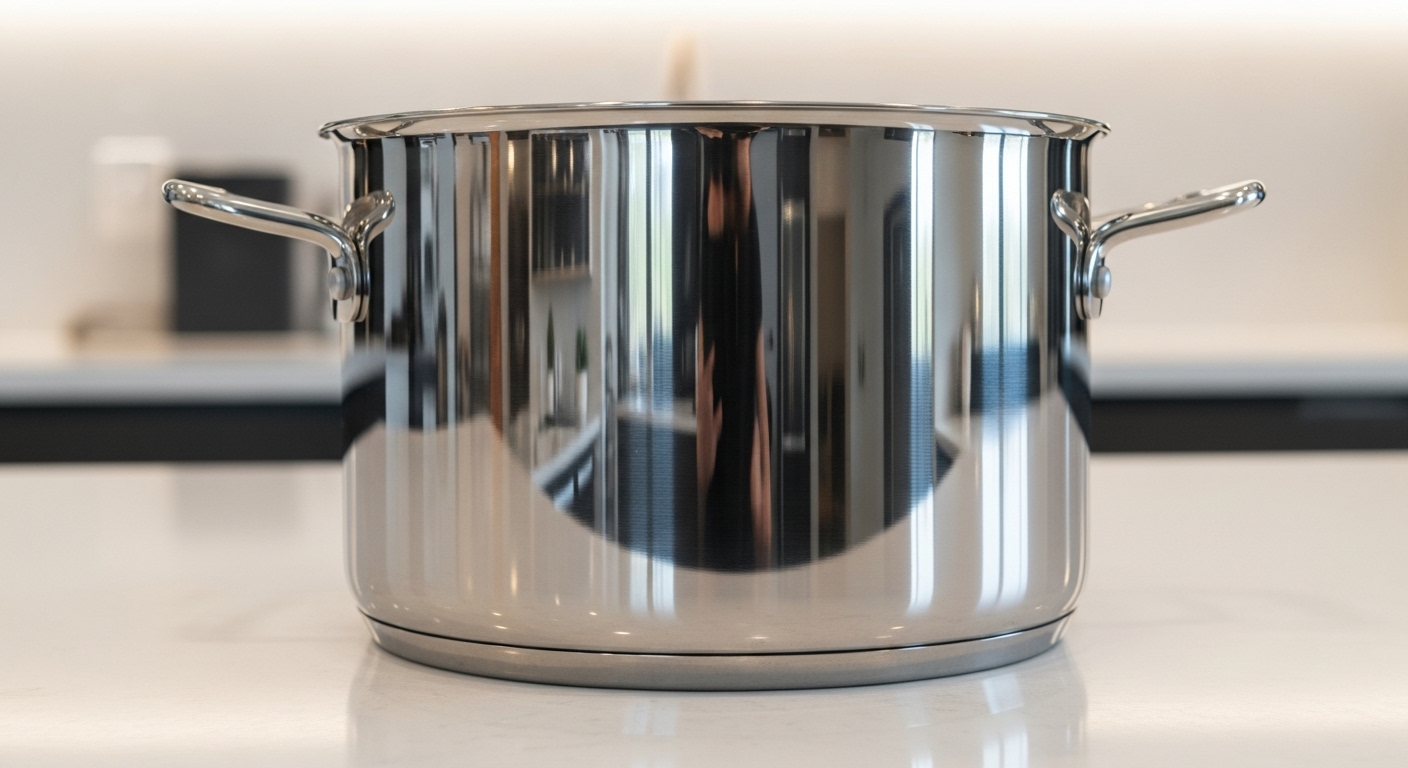 Nồi inox sáng bóng loáng, phản chiếu ánh đèn bếp, minh họa cách làm sạch nồi inox hiệu quả.