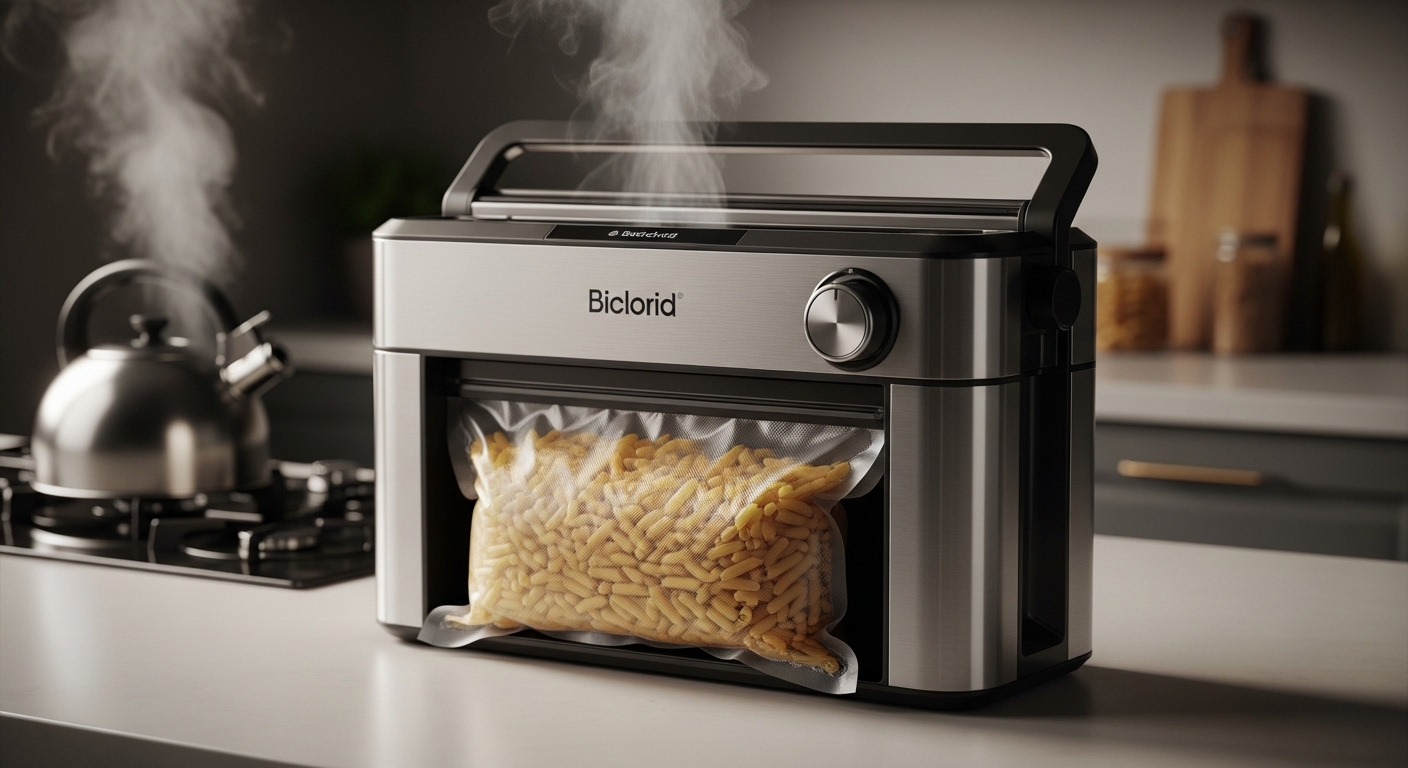 Máy hút chân không hiện đại đang hoạt động, nén túi mì ống để bảo quản thực phẩm bằng hút chân không hiệu quả.