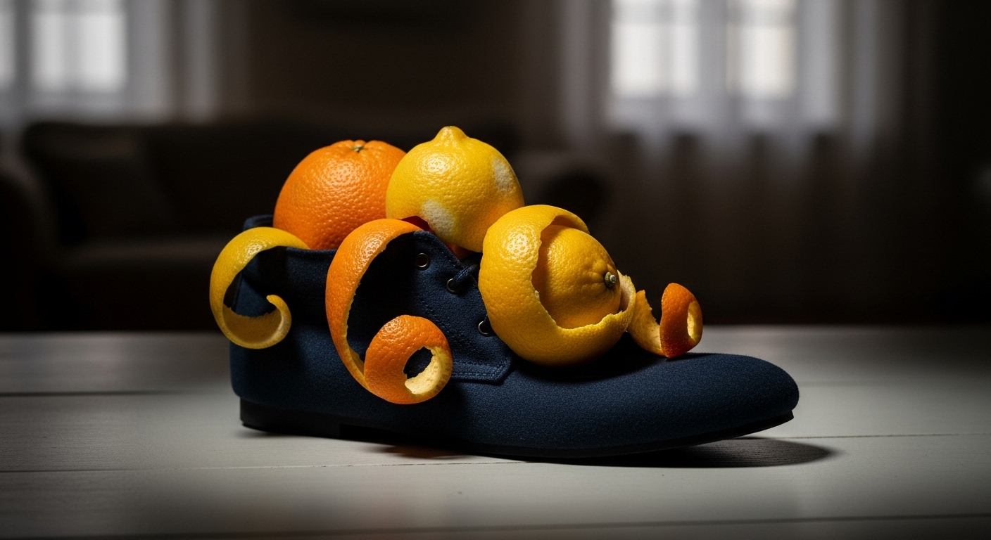 Vỏ cam và chanh tươi đặt trong giày vải xanh đậm, minh họa cách khử mùi hôi giày tự nhiên.