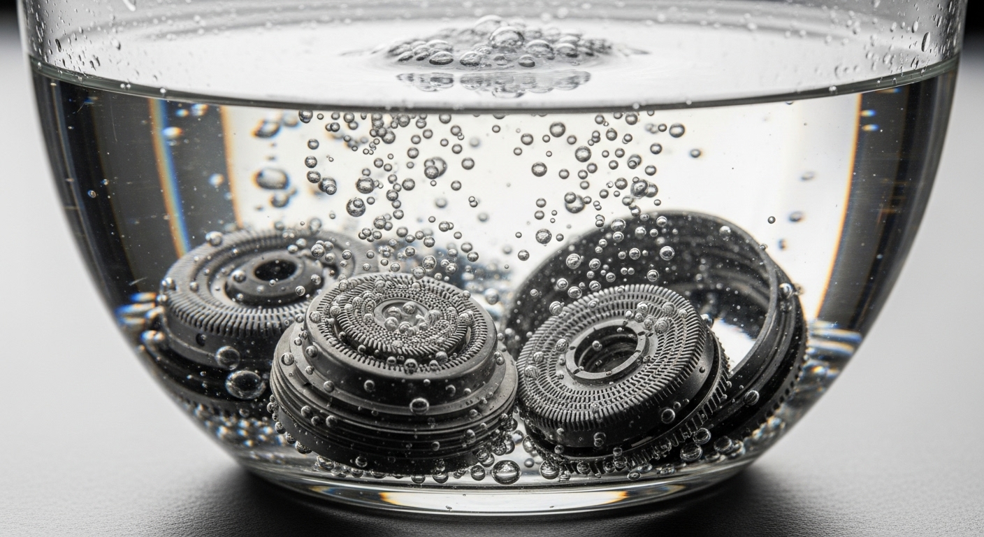 Các vật dụng như kem đánh răng, giấm trắng, bát thủy tinh và bàn chải cũ trên mặt bàn sáng, minh họa Mẹo làm sắc máy cạo râu tại nhà hiệu quả.