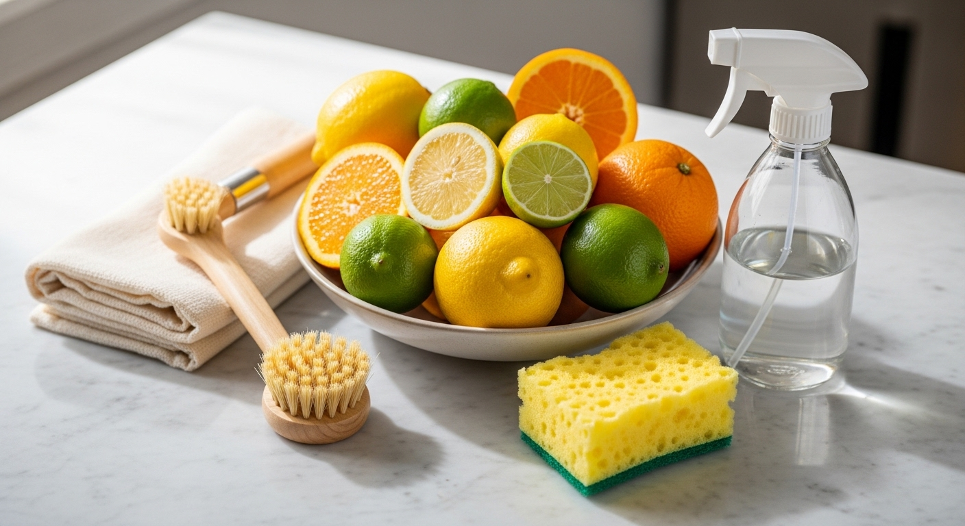 Dụng cụ và nguyên liệu làm sạch tự nhiên (khăn, bàn chải, cam quýt) trên quầy sáng, minh họa các mẹo làm sạch đồ nội thất thân thiện môi trường.