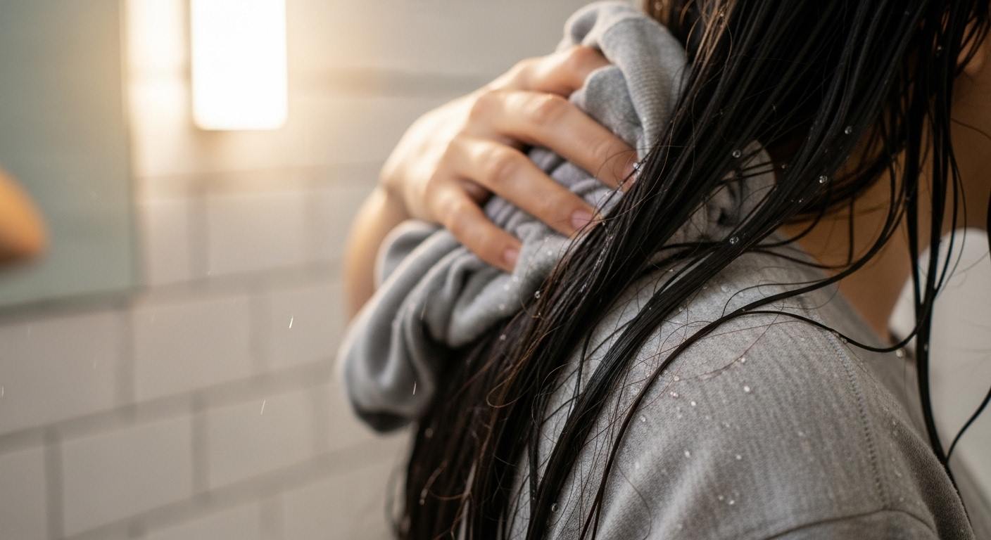 Lau khô tóc dài ẩm bằng áo thun cotton trong phòng tắm, bí quyết chăm sóc tóc mùa đông hiệu quả.