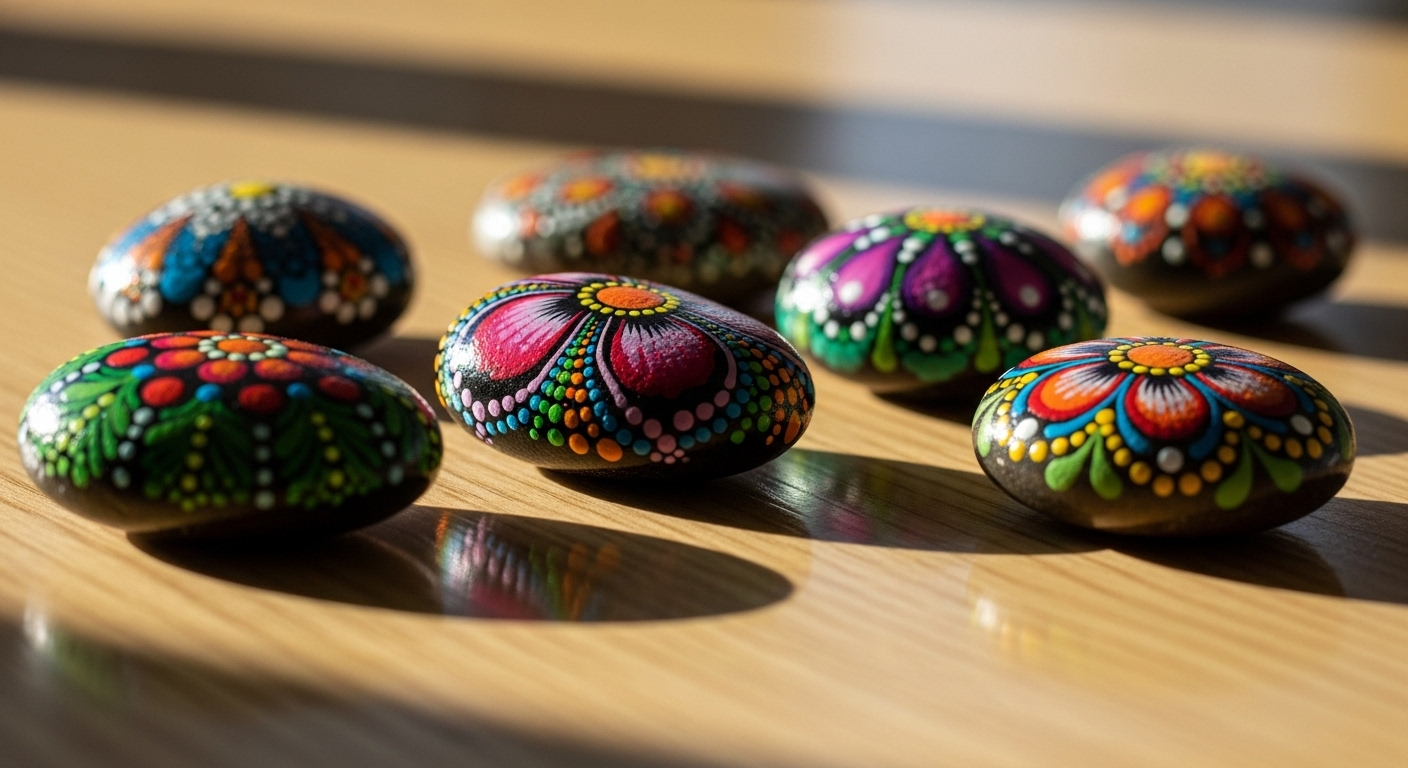 Những viên đá cuội vẽ tay với hoa văn hoa lá và trừu tượng đầy màu sắc rực rỡ, được sắp xếp nghệ thuật trên bề mặt gỗ sáng bóng – minh họa ý tưởng sáng tạo với đá cuội độc đáo.