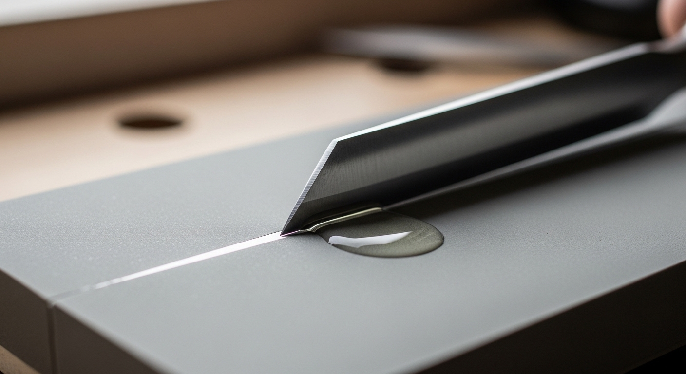 Máy khoan điện định vị mũi khoan chính xác trên tấm gỗ dán băng keo và có gỗ lót bảo vệ, minh họa mẹo vặt đồ gỗ giúp khoan sạch, không bị tước.