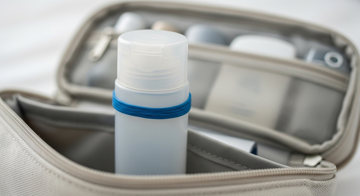 Chai dầu gội du lịch được buộc chặt nắp bằng dây nịt chun màu xanh, ngăn tràn hiệu quả trong túi đồ vệ sinh cá nhân, minh họa mẹo sử dụng dây nịt chun khi đóng gói hành lý.