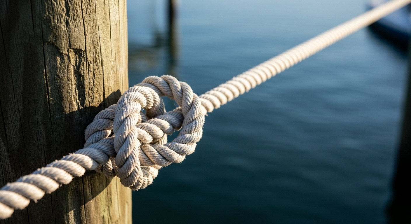 Ảnh cận cảnh kiểu nối dây thuyền chài (Bowline knot) chắc chắn trên sợi dây thừng hàng hải màu trắng dày, tạo vòng lặp cố định quanh cọc gỗ cầu tàu phong hóa, hướng ra mặt biển xanh êm ả.
