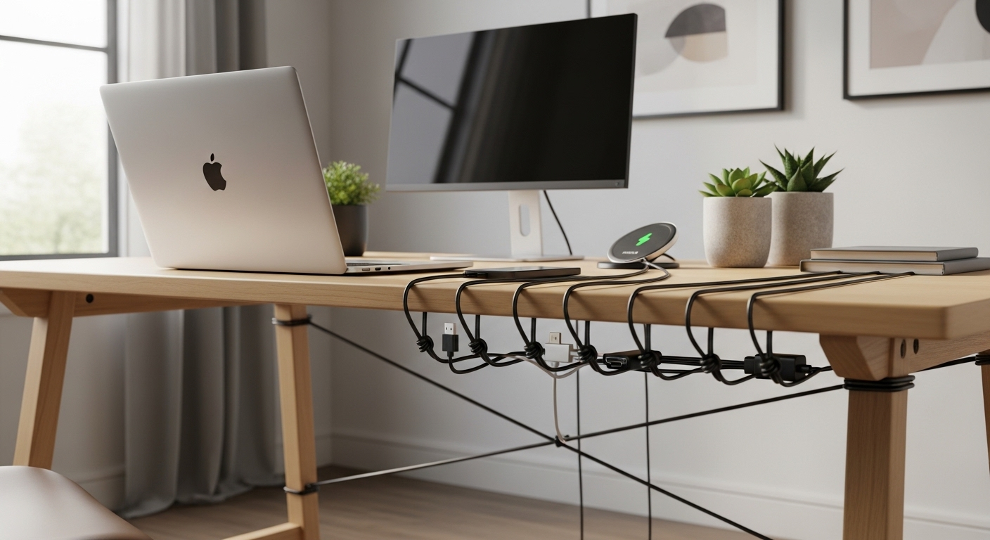 Bàn làm việc hiện đại với cáp điện tử được tổ chức gọn gàng bằng các nút vuông nhỏ, minh họa cách thắt nút dây hiệu quả để sắp xếp không gian làm việc.