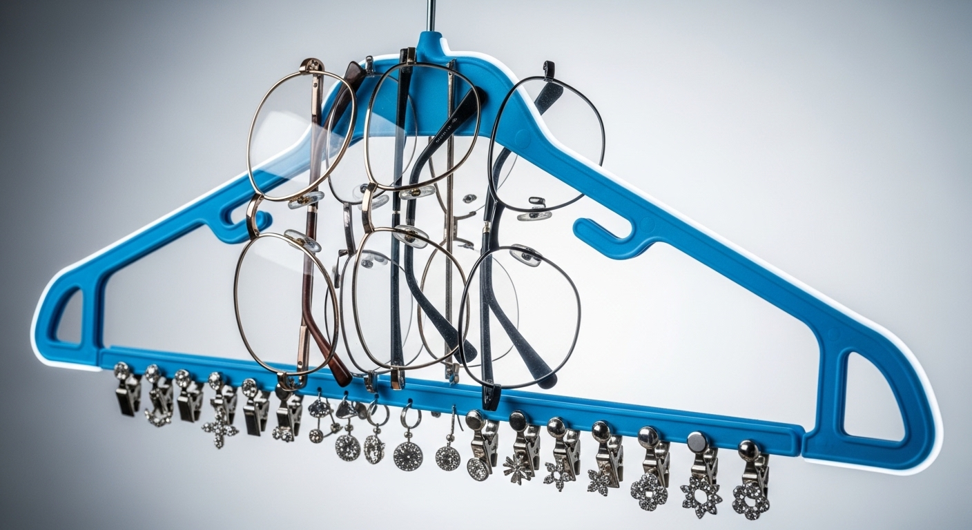 cách sử dụng móc áo sáng tạo màu xanh dương để sắp xếp kính mắt gọn gàng trên thanh ngang và kẹp khuyên tai nhỏ ở cạnh dưới.