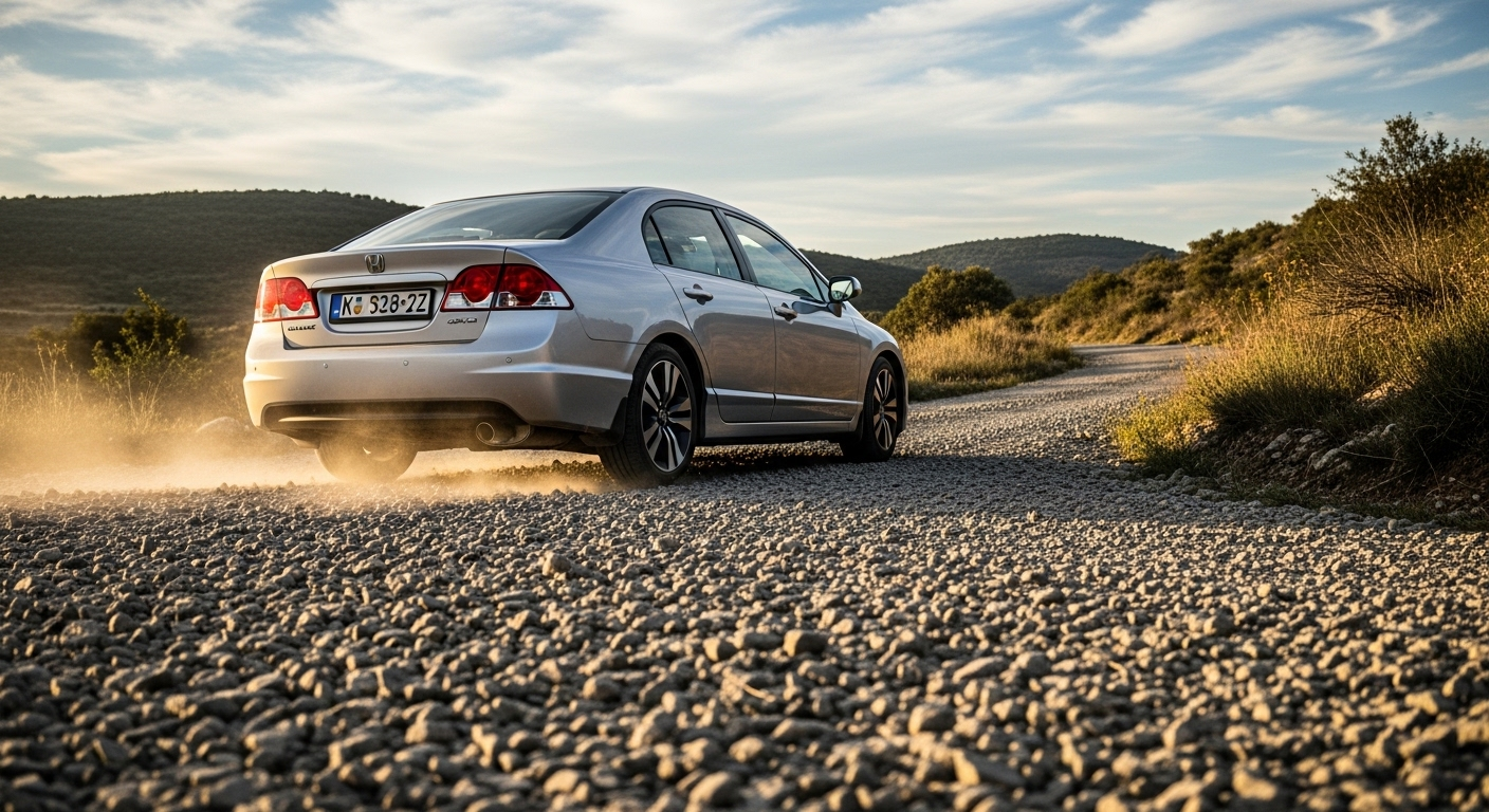 Xe sedan nhỏ cẩn thận di chuyển trên đường sỏi đá hẹp, bụi bay nhẹ phía sau – một ví dụ điển hình về những điều cần tránh khi mượn xe ô tô.