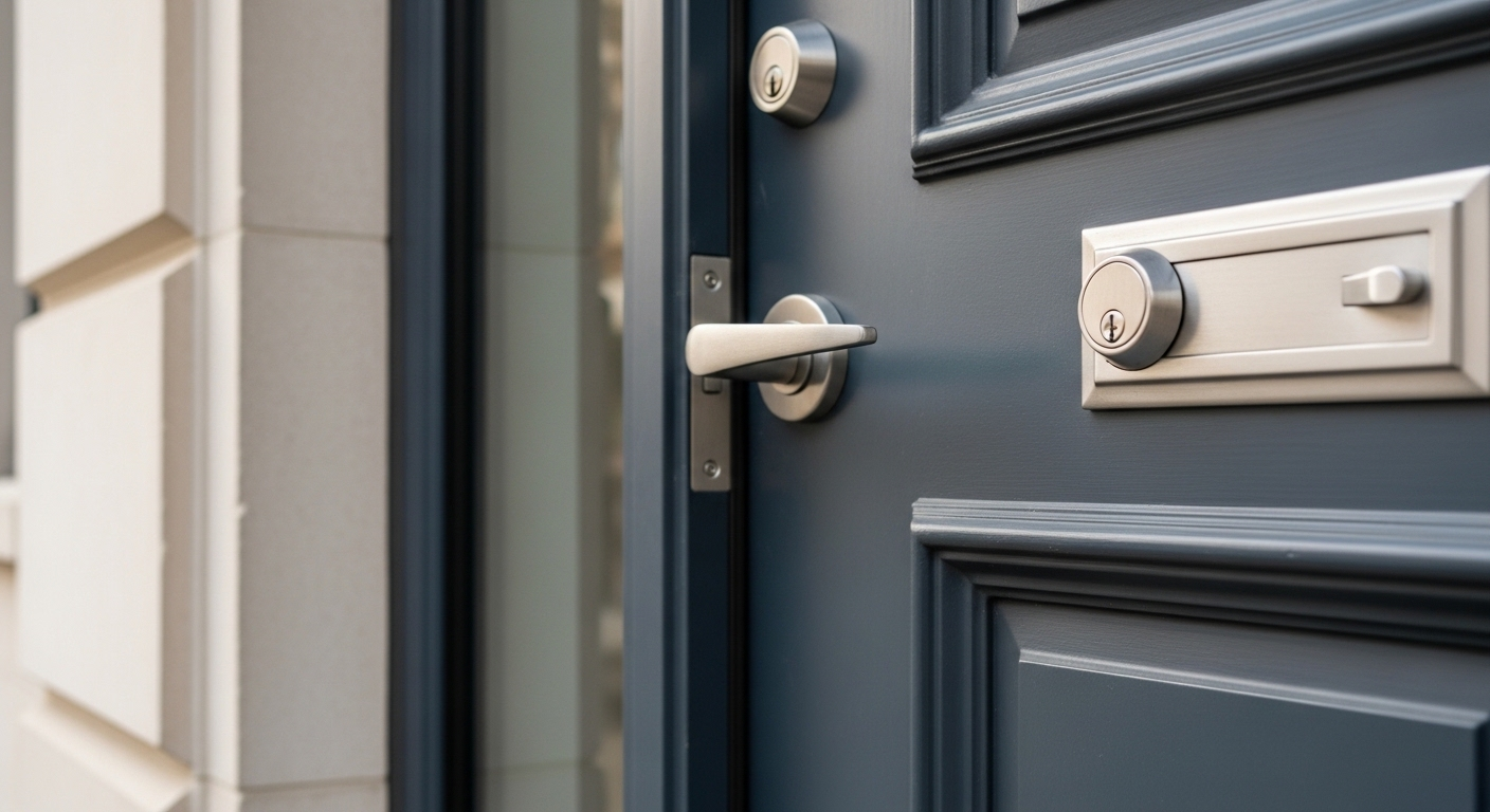 Cửa chính hiện đại, khóa chốt và tay nắm bền vững, là ví dụ điển hình của mẹo an toàn trong đời sống giúp bảo vệ ngôi nhà. Cửa chính hiện đại, khóa chốt và tay nắm bền vững, là ví dụ điển hình của mẹo an toàn trong đời sống giúp bảo vệ ngôi nhà.