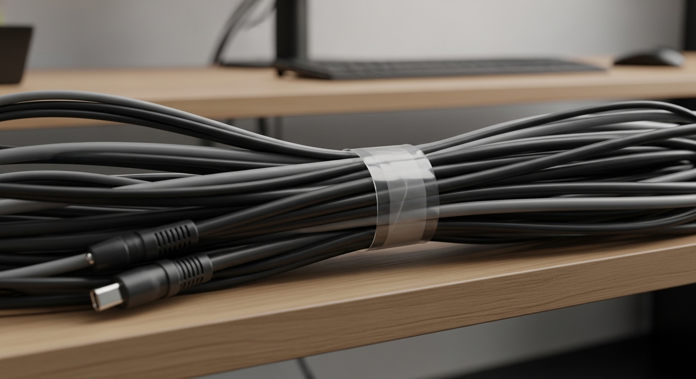 Cáp điện tử đen xám được bó gọn gàng bằng băng dính trong suốt trên bàn hiện đại, minh họa công dụng của băng dính để sắp xếp không gian làm việc.