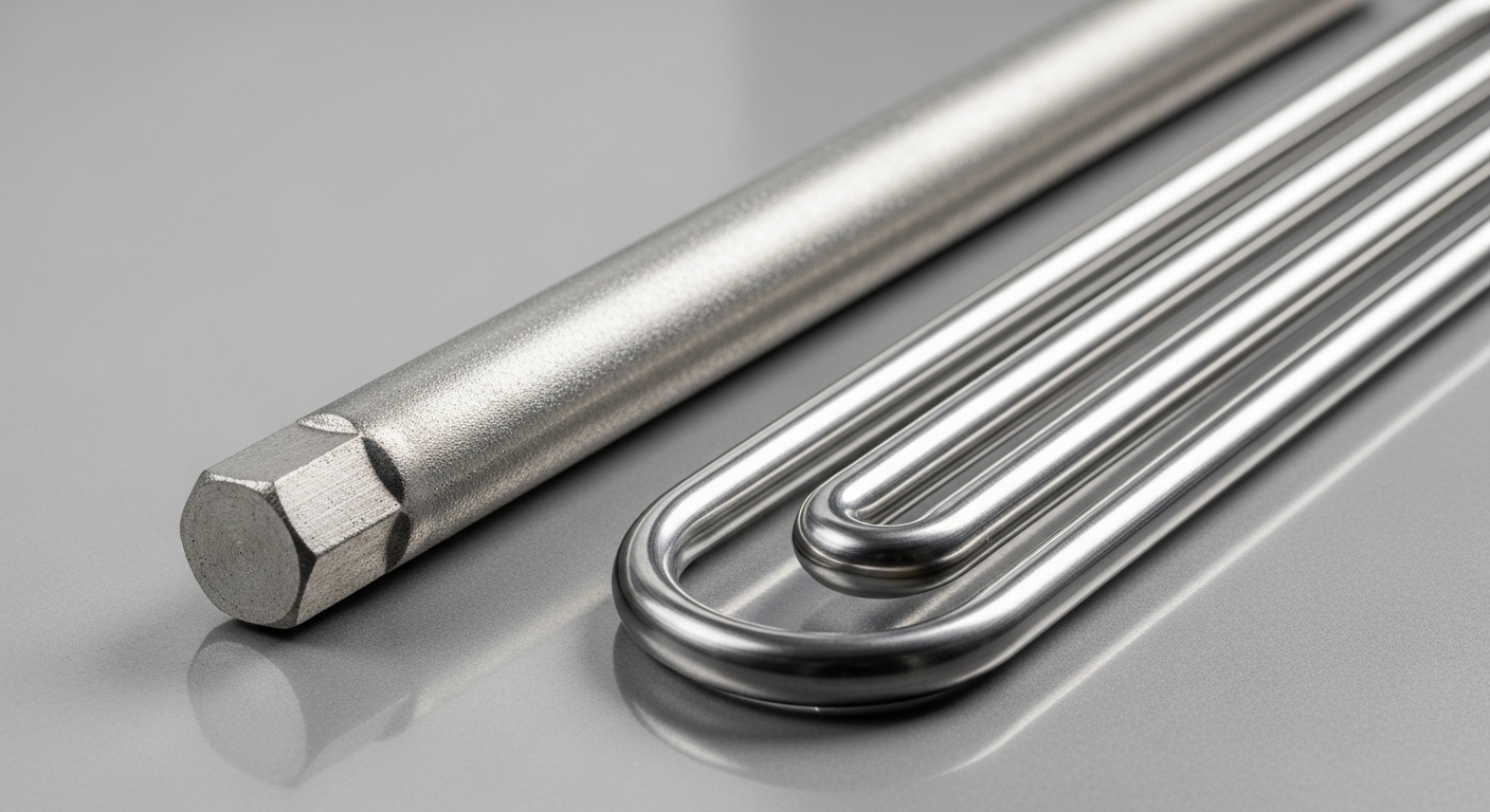 Hình ảnh cận cảnh thanh đốt sạch bóng và thanh magie anode mới, minh họa quy trình vệ sinh bình nóng lạnh.