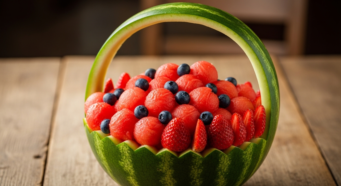 Giỏ trái cây dưa hấu được cắt tỉa tinh xảo thành hình giỏ có quai, chứa đầy viên dưa hấu, việt quất và dâu tây tươi ngon. Đây là ví dụ tuyệt đẹp về cách cắt tỉa dưa hấu trang trí, đặt trên bàn gỗ mộc.