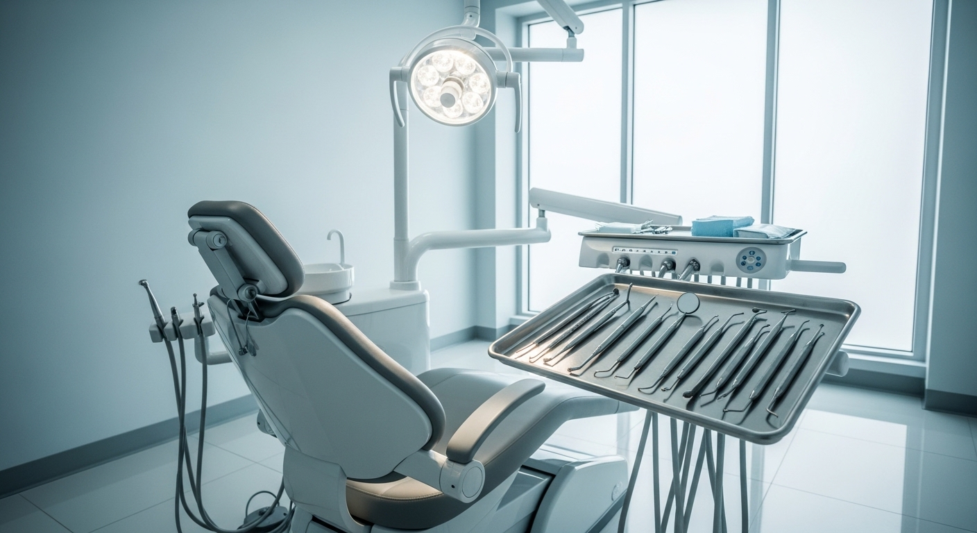 Phòng khám nha khoa hiện đại, vô trùng với ghế nha, đèn và dụng cụ sạch bóng, môi trường chuyên nghiệp để tìm hiểu nguyên nhân răng ngả vàng.