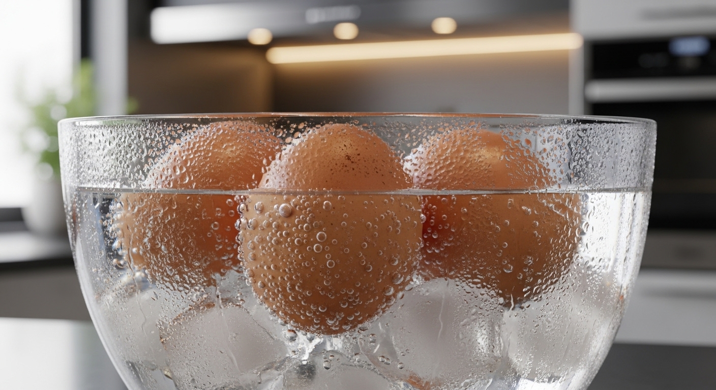 Ba quả trứng gà vừa luộc được làm nguội nhanh trong bát nước đá, một bước thiết yếu trong cách luộc trứng gà chuẩn. Ba quả trứng gà vừa luộc được làm nguội nhanh trong bát nước đá, một bước thiết yếu trong cách luộc trứng gà chuẩn.