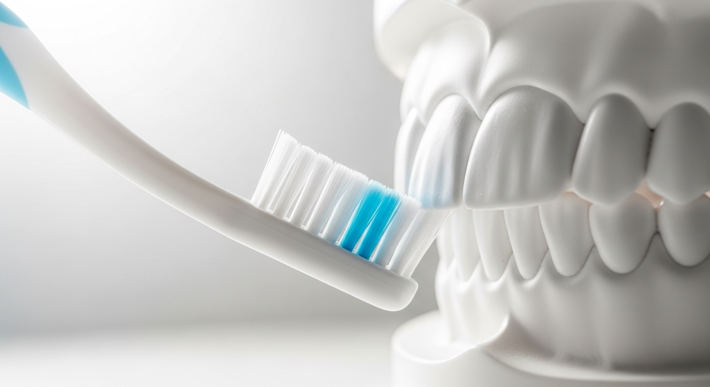 Kỹ thuật chải răng đúng cách với bàn chải lông mềm trên mô hình, giúp bạn tránh những sai lầm khi vệ sinh cơ thể thường gặp.