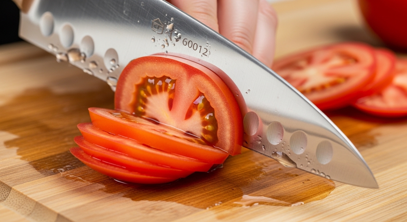 Dao đầu bếp sắc bén cắt lát cà chua đỏ mọng mỏng đều trên thớt gỗ, thể hiện kỹ thuật cầm dao và cắt thái an toàn khi làm bếp chính xác và chuyên nghiệp.