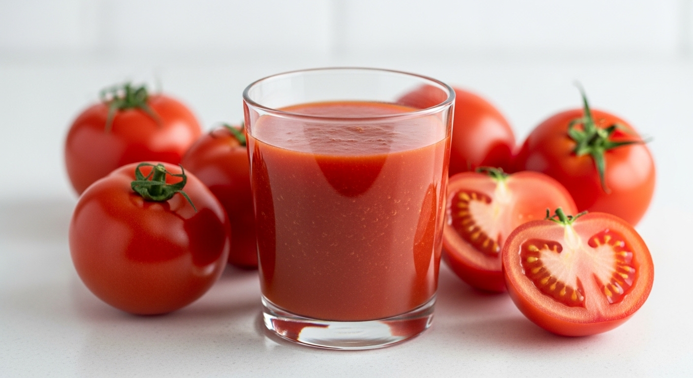 Ly nước ép cà chua đỏ tươi và cà chua chín mọng trên bàn trắng. Lựa chọn đồ uống thanh mát giúp phục hồi hoặc tránh sai lầm khi uống rượu bia. Ly nước ép cà chua đỏ tươi và cà chua chín mọng trên bàn trắng. Lựa chọn đồ uống thanh mát giúp phục hồi hoặc tránh sai lầm khi uống rượu bia.