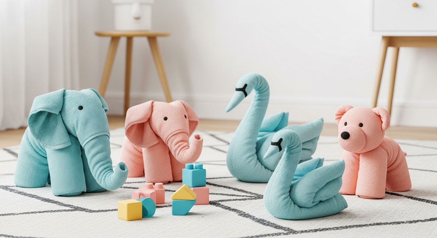 Hình ảnh những con vật gấp từ khăn bông pastel đáng yêu (như voi, thiên nga, gấu) trên thảm mềm trong phòng trẻ em, gợi cảm hứng cho cách gấp con voi từ khăn bông và các trò chơi sáng tạo.