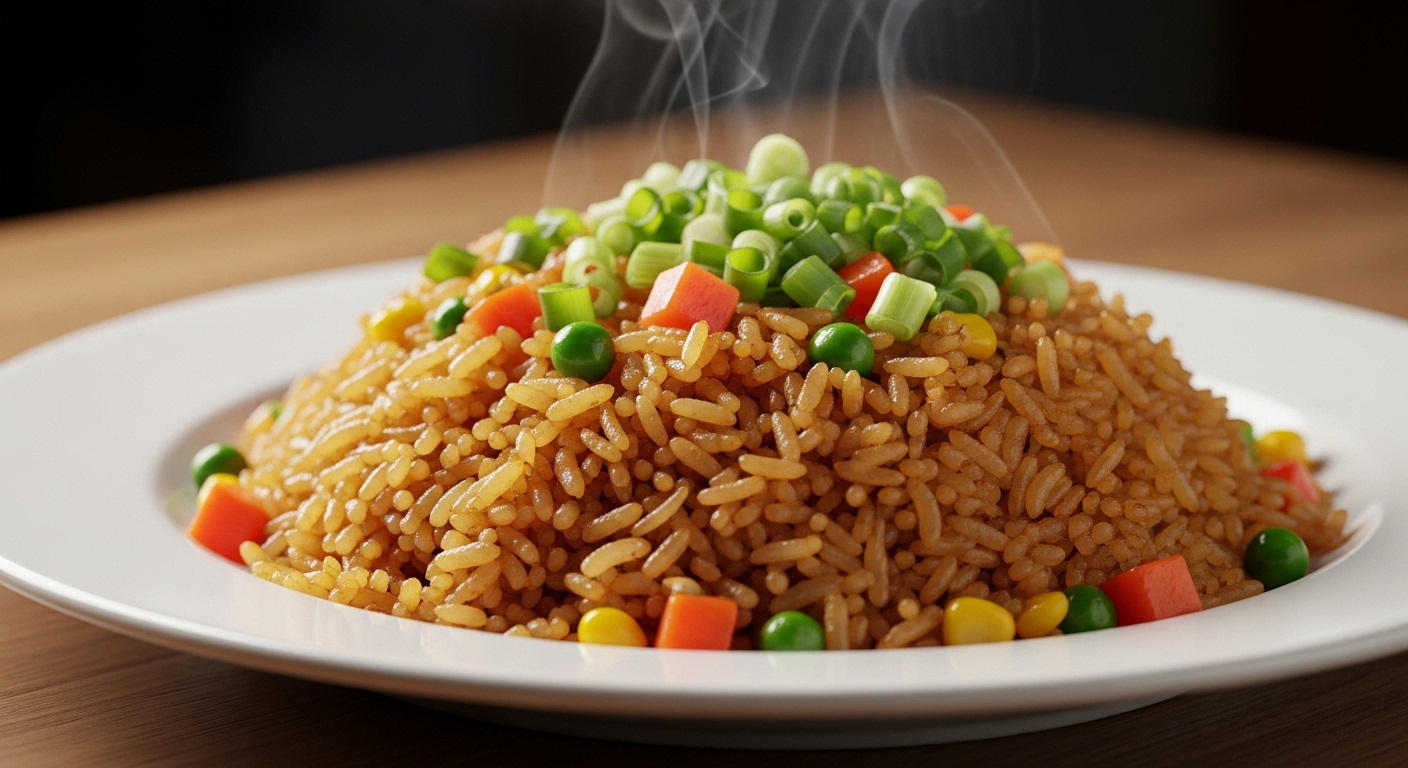 Đĩa cơm chiên vàng ươm, hạt cơm tơi xốp hoàn hảo nhờ kỹ thuật xóc chảo điêu luyện, trình bày đẹp mắt với hành lá và rau củ tươi, thoáng chút hơi nóng.