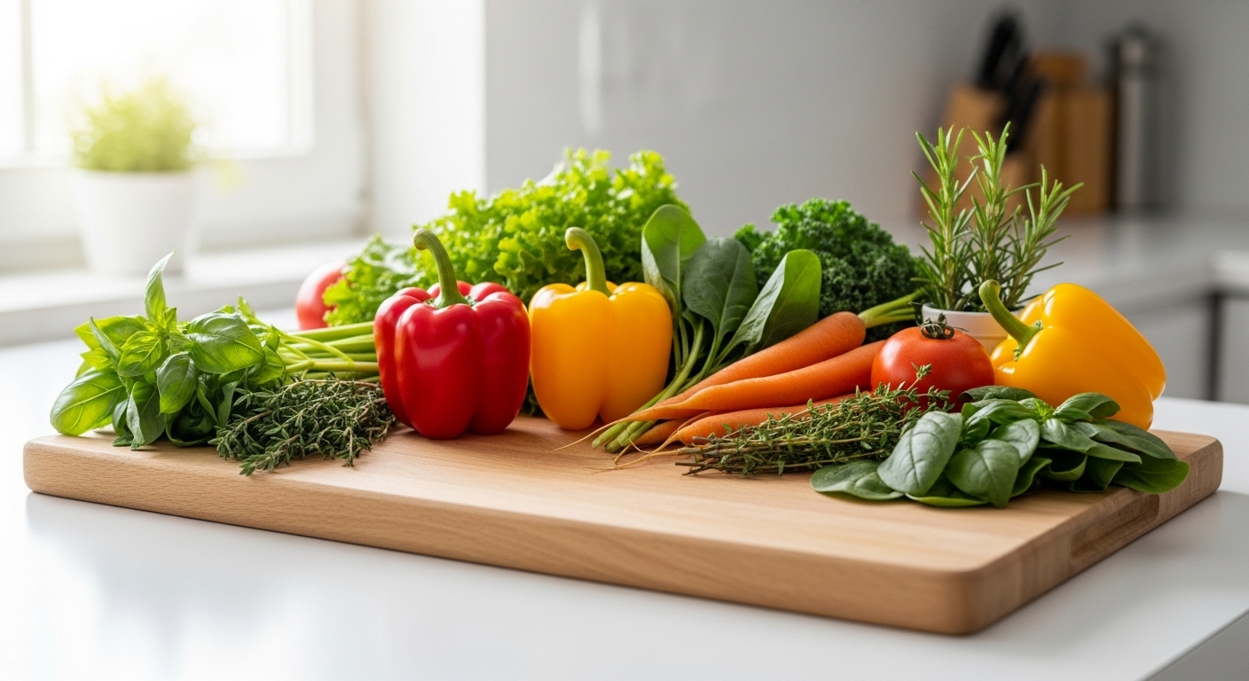 Tuyển chọn rau củ tươi đầy màu sắc (ớt chuông, cà rốt, rau xanh) và thảo mộc sắp xếp gọn gàng trên thớt gỗ, sẵn sàng chế biến. Tìm hiểu các mẹo vặt hữu ích cho bữa ăn lành mạnh.