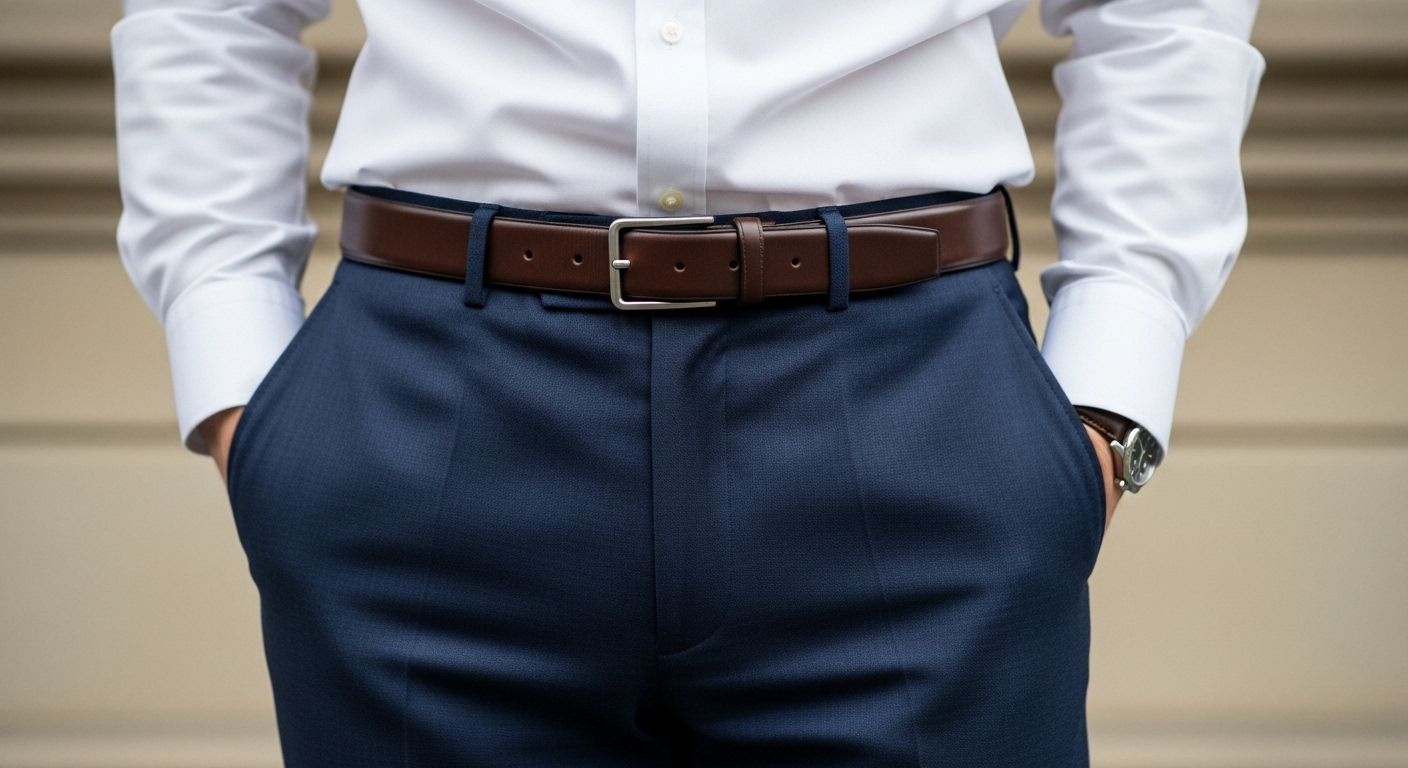 quần tây, áo sơ mi trắng đóng thùng, thắt lưng da nâu.