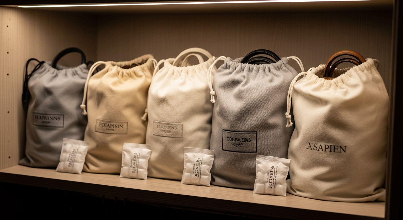 Kệ tủ đồ ngăn nắp trưng bày nhiều túi hàng hiệu, mỗi chiếc đựng trong túi vải mềm cùng gói hút ẩm, thể hiện cách bảo quản túi hàng hiệu đúng cách.