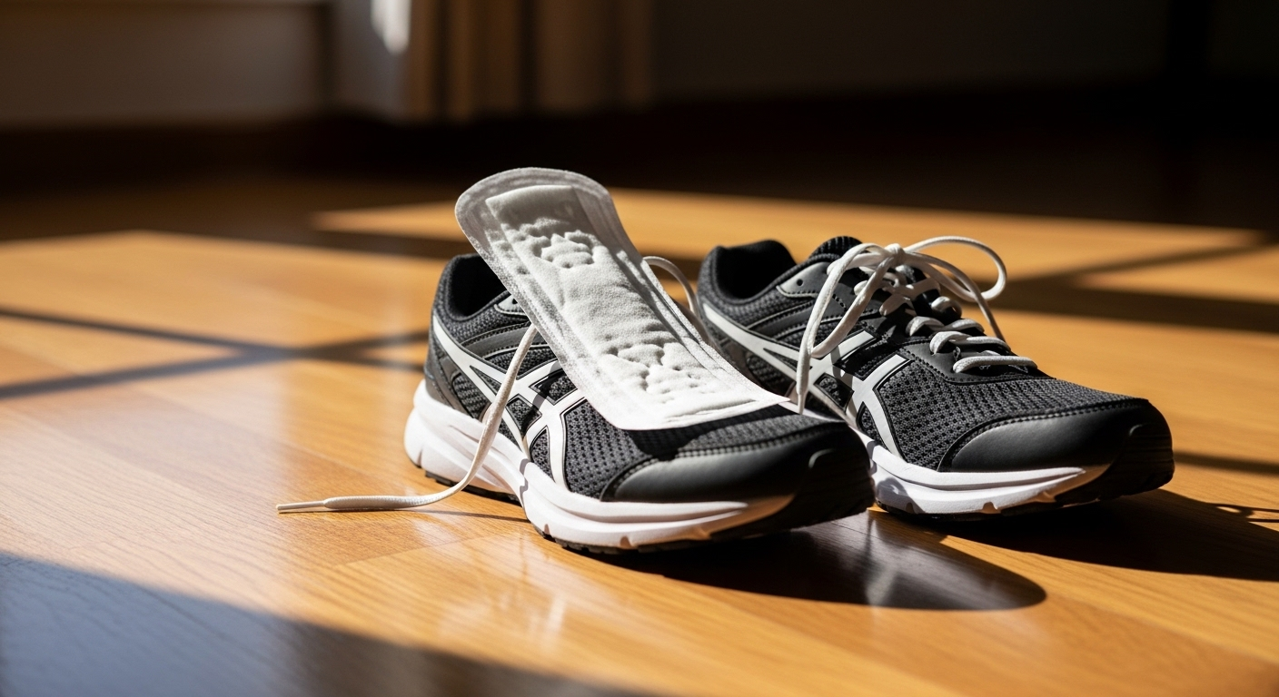 Đôi giày chạy bộ sạch sẽ trên sàn gỗ bóng loáng, một băng vệ sinh trắng tinh đặt gọn gàng trong giày để hút ẩm. Đây là một công dụng của băng vệ sinh giúp giữ giày luôn khô thoáng và vệ sinh hiệu quả.