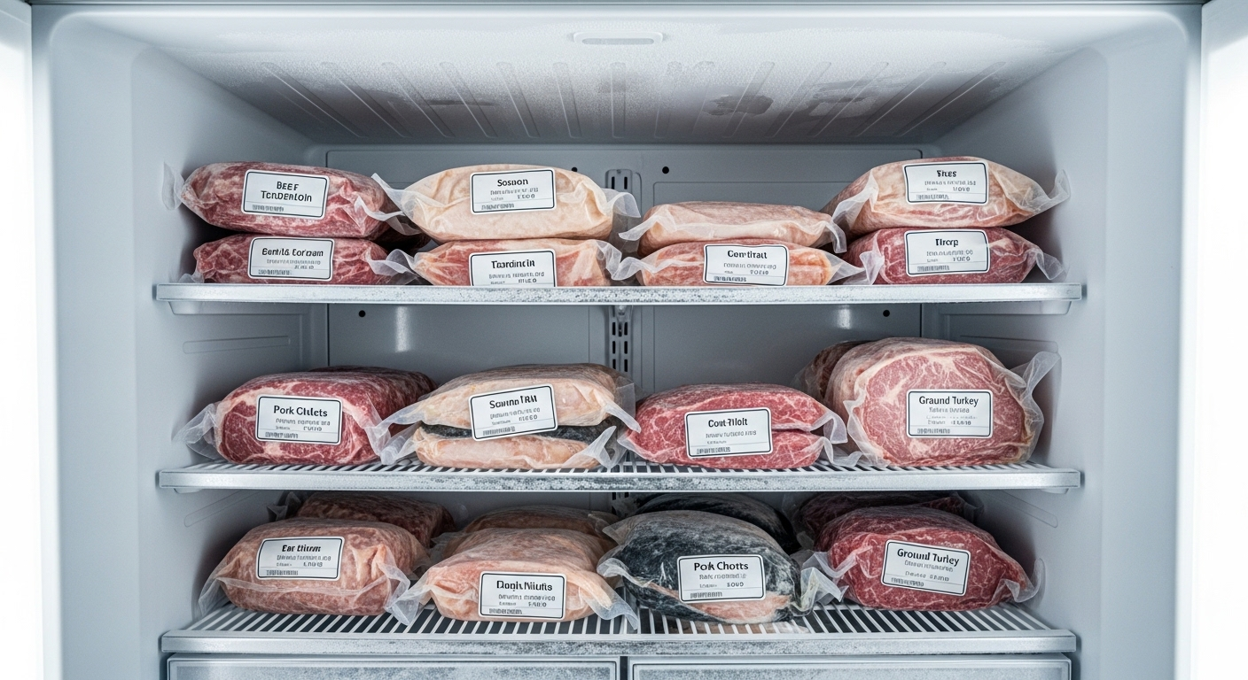Các hộp đựng thực phẩm trong suốt, có nhãn ghi rõ nội dung và ngày tháng, được sắp xếp gọn gàng trên kệ tủ lạnh, minh họa cách sắp xếp thực phẩm trong tủ lạnh khoa học và hiệu quả.