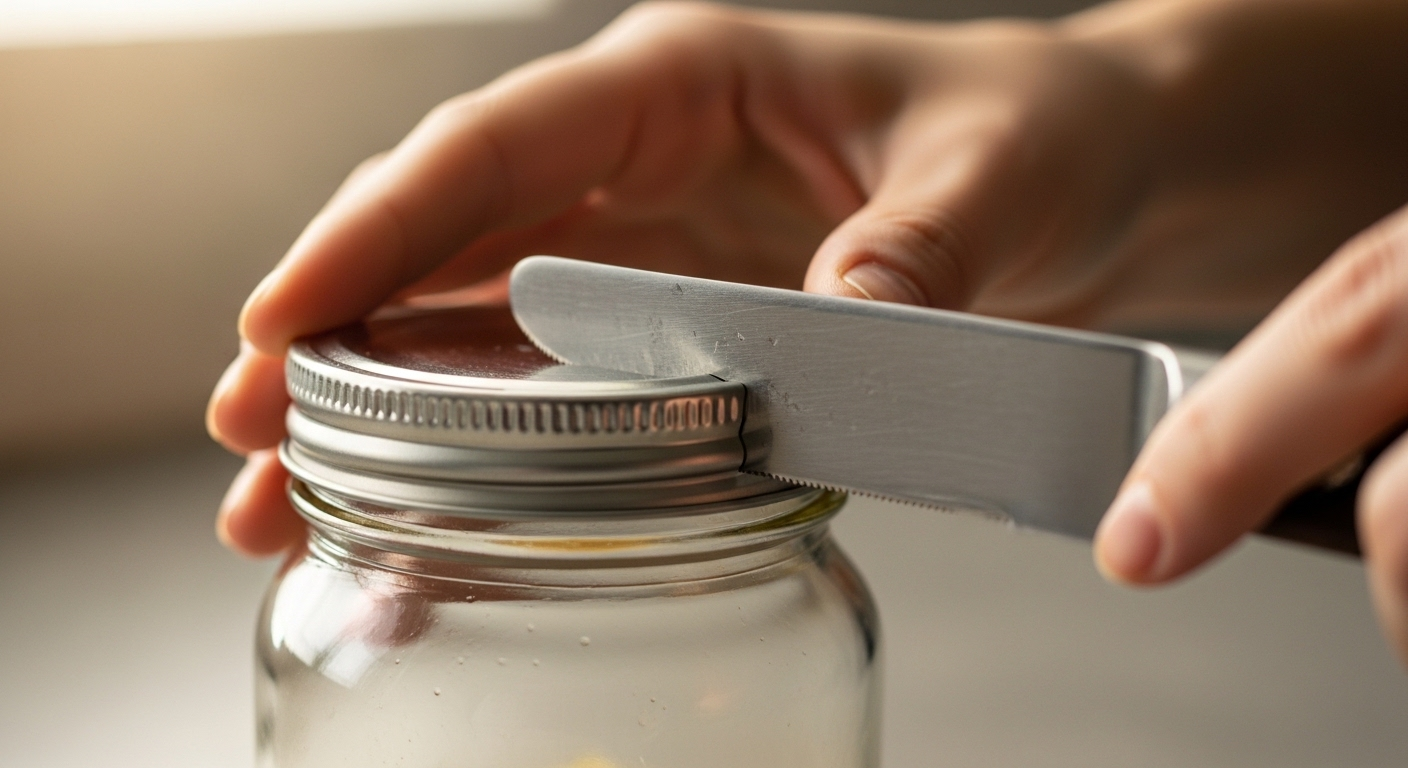 Muỗng gỗ gõ nhẹ mép nắp lọ thủy tinh trong bếp, minh họa mẹo mở nắp lọ cứng đầu.
