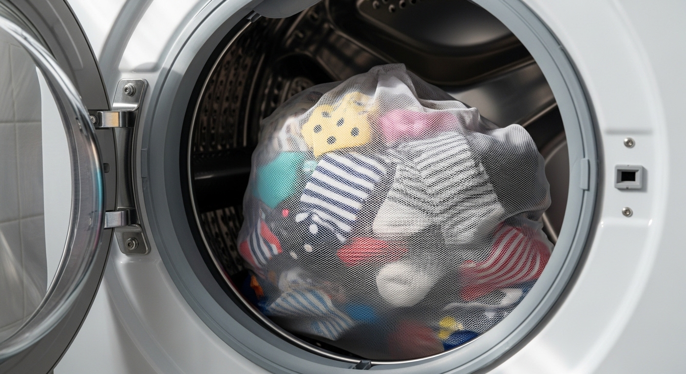 Túi giặt lưới đầy tất màu sắc được đặt trong lồng máy giặt hiện đại, sẵn sàng giặt tất hết mùi hôi hiệu quả.