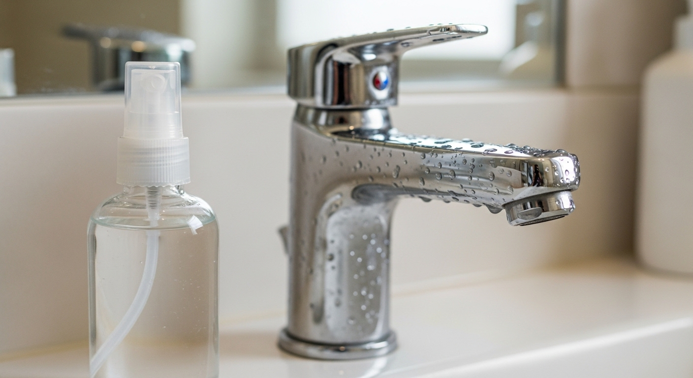 Bình xịt trong suốt và vòi nước chrome sáng bóng lấp lánh giọt nước, minh họa cách làm sạch bồn rửa mặt và vòi nước để đạt được vẻ tinh khiết.
