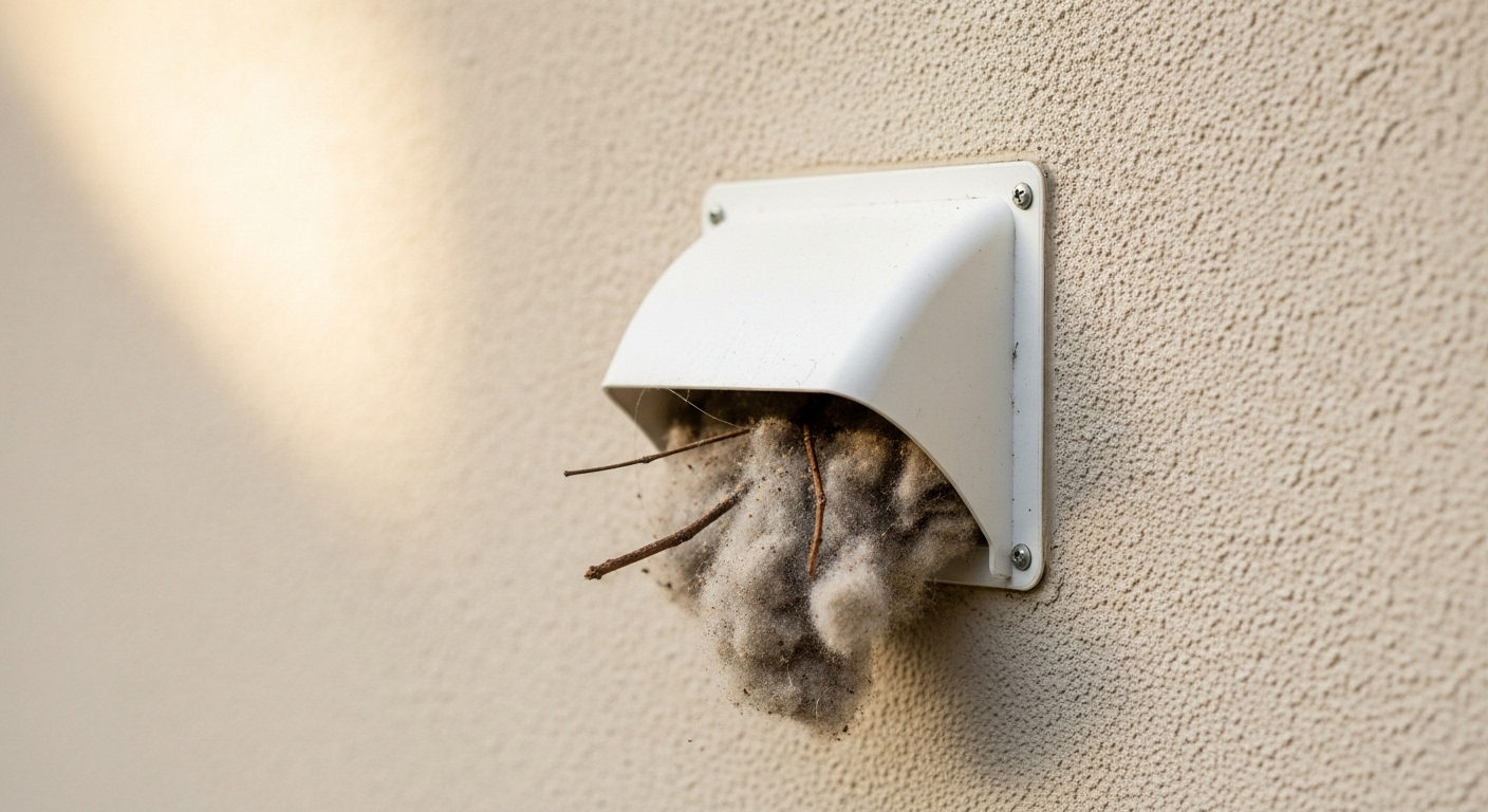 Lỗ thoát khí máy sấy quần áo bên ngoài bị tắc nghẽn nghiêm trọng bởi xơ vải và cành cây. Cần biết cách vệ sinh máy sấy quần áo định kỳ để đảm bảo an toàn và hiệu quả.