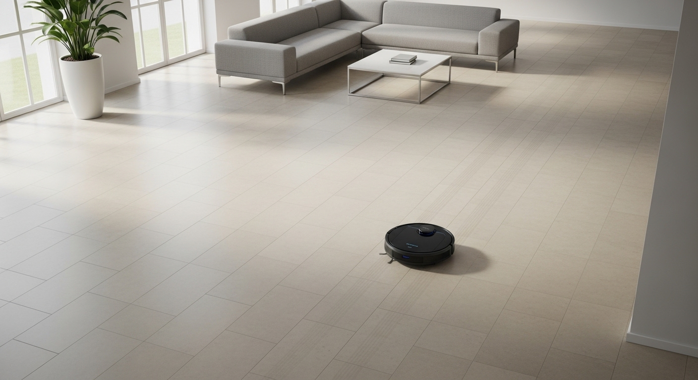 Hình ảnh từ trên cao robot hút bụi đang di chuyển theo quy trình thông minh trên sàn gạch sáng màu trong không gian mở, minh họa cách sử dụng robot hút bụi để làm sạch hiệu quả mà không gặp vật cản. Hình ảnh từ trên cao robot hút bụi đang di chuyển theo quy trình thông minh trên sàn gạch sáng màu trong không gian mở, minh họa cách sử dụng robot hút bụi để làm sạch hiệu quả mà không gặp vật cản.