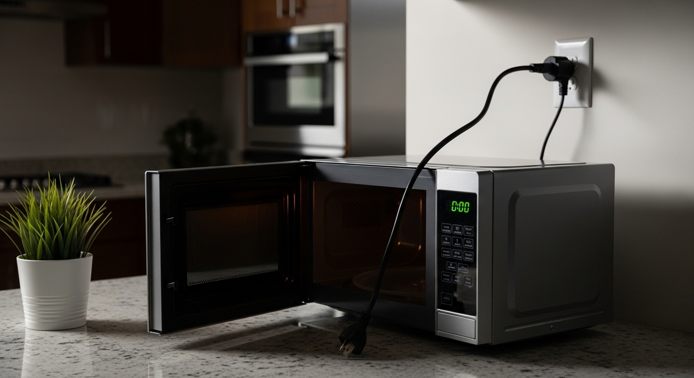 Lò vi sóng màu xám đậm đã ngắt điện trên bàn bếp, đặt ra câu hỏi khi nào nên thay lò vi sóng.