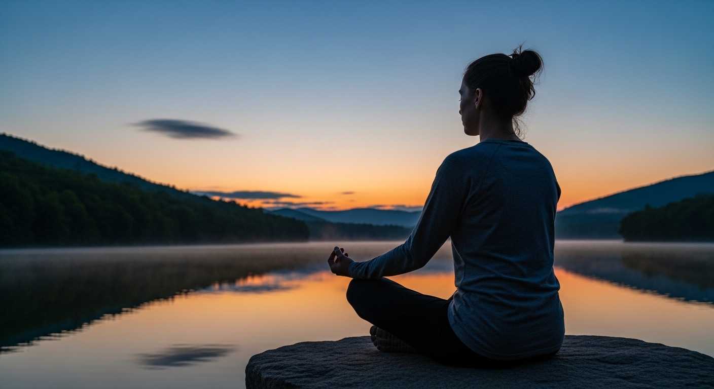 Cảnh hoàng hôn thanh bình với người thiền định bên hồ, gợi ý cách cải thiện sức khỏe và sự an tĩnh tâm hồn giữa thiên nhiên. Cảnh hoàng hôn thanh bình với người thiền định bên hồ, gợi ý cách cải thiện sức khỏe và sự an tĩnh tâm hồn giữa thiên nhiên.