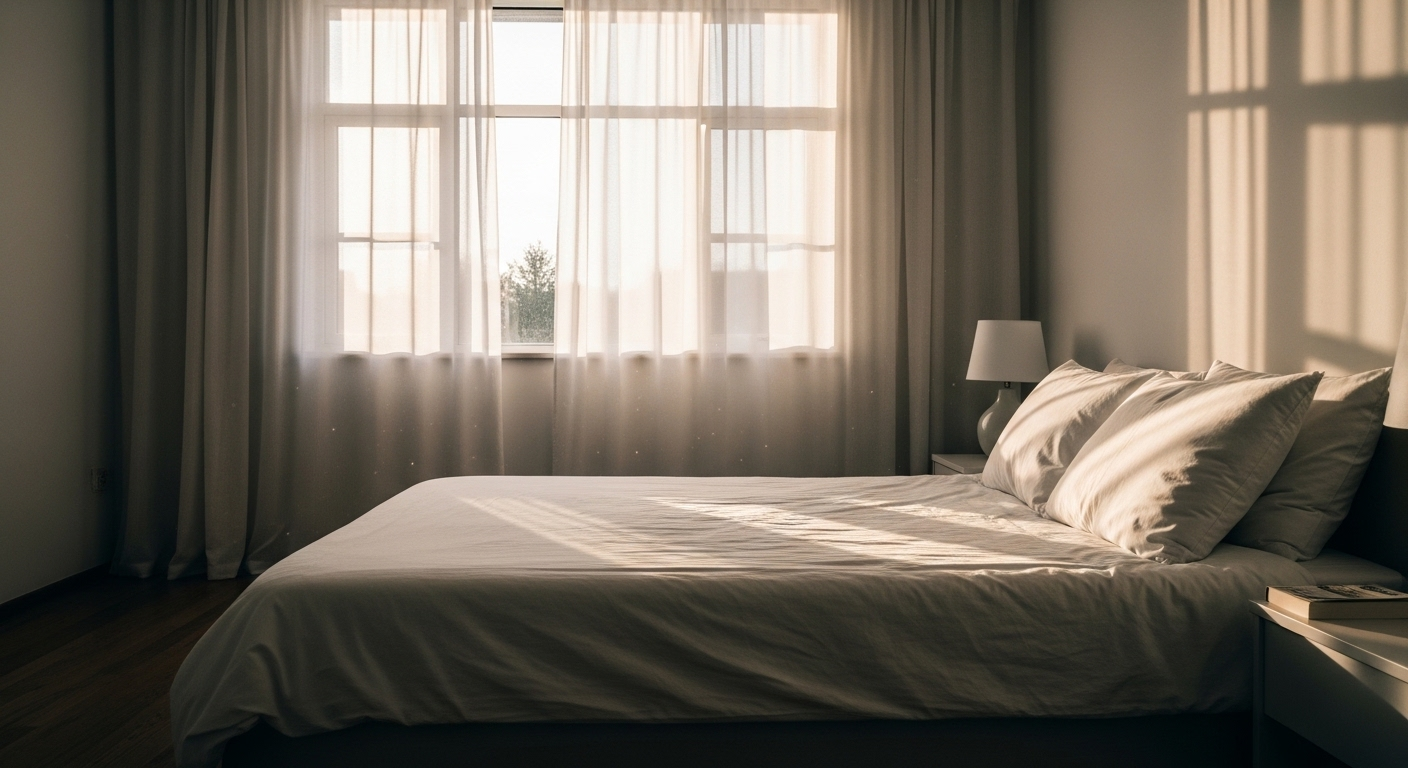 Phòng ngủ yên bình đón bình minh với ánh sáng dịu nhẹ, giường gọn gàng ga trắng tinh, gợi mở về giấc ngủ sâu – nền tảng của thói quen tốt cho sức khỏe.