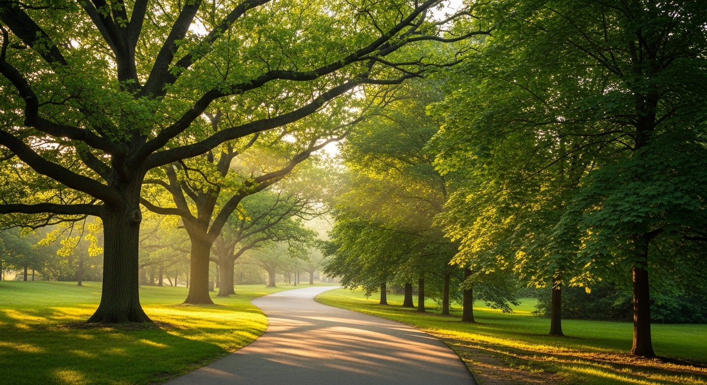 Lối đi bộ uốn lượn trong công viên xanh mướt, ngập tràn nắng sớm dịu nhẹ, tạo không gian lý tưởng cho cách tự chăm sóc giữ gìn sức khỏe mỗi ngày.