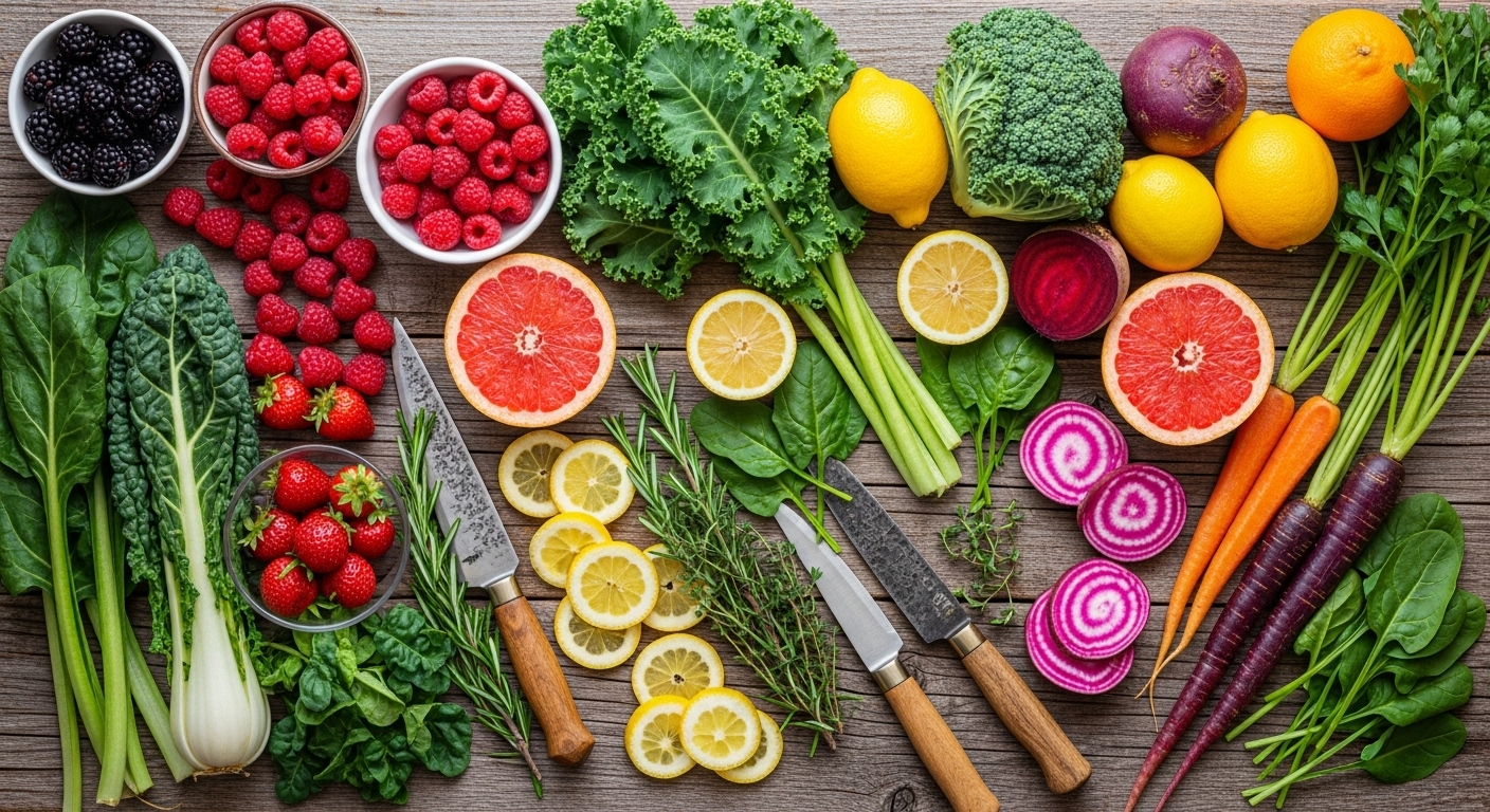 Bộ sưu tập rau củ quả tươi sạch đa dạng màu sắc (đỏ, xanh, vàng, tím) bày trí đẹp mắt trên thớt gỗ mộc mạc, tuyệt vời để cải thiện sức khỏe.